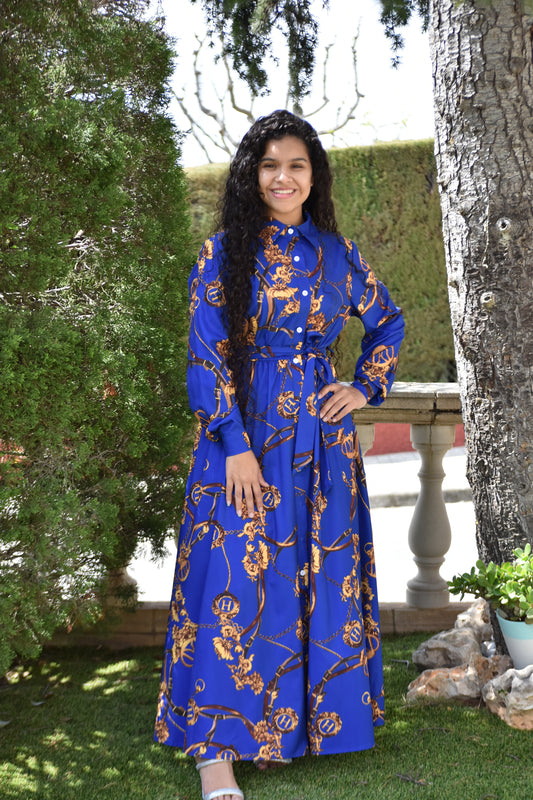 Vestido azul con estampado dorado