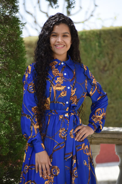 Vestido azul con estampado dorado